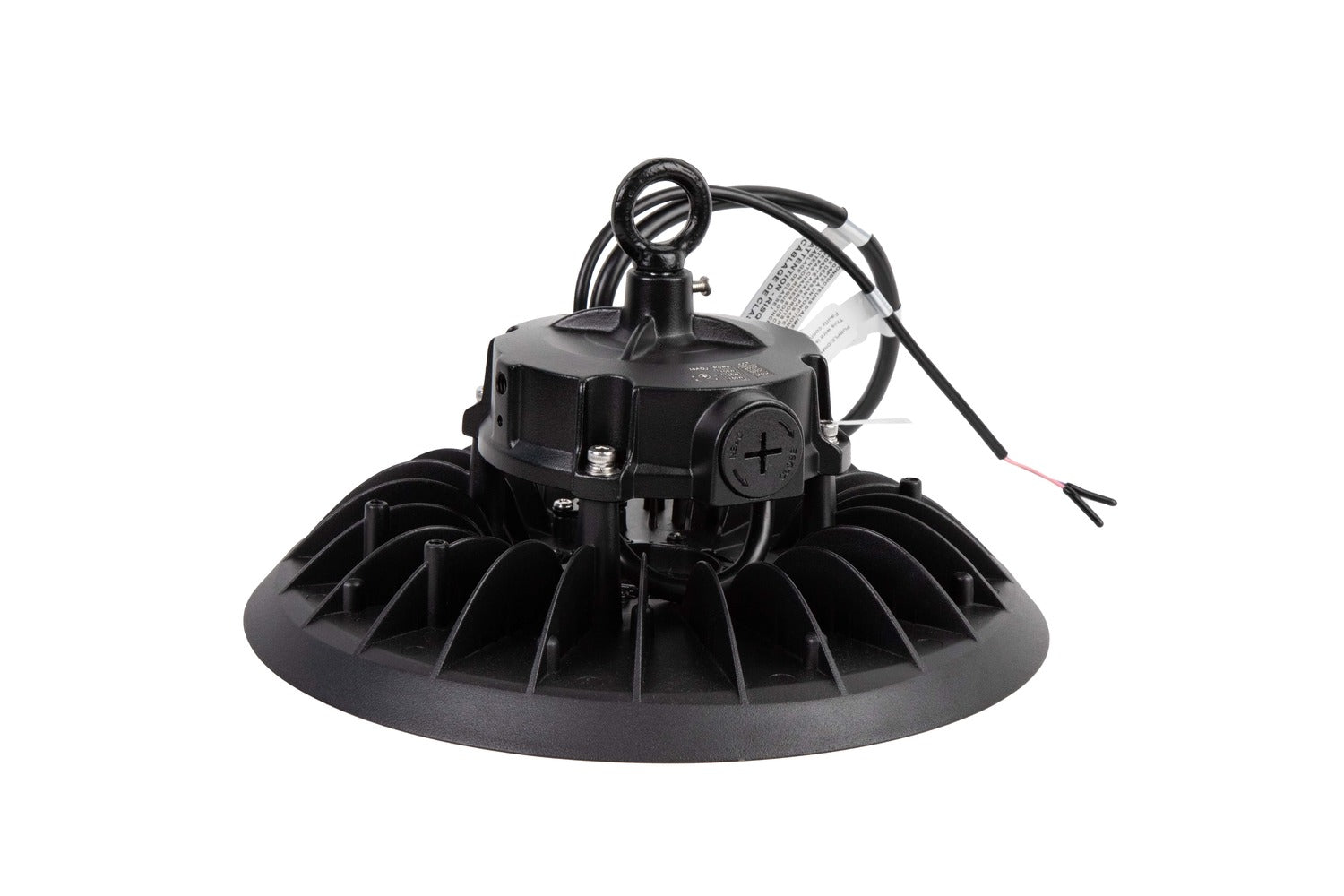 Rear view of NCLTG Halo X Series LED UFO High Bay Light featuring durable ring mount and 6-foot whip for flexible industrial installation