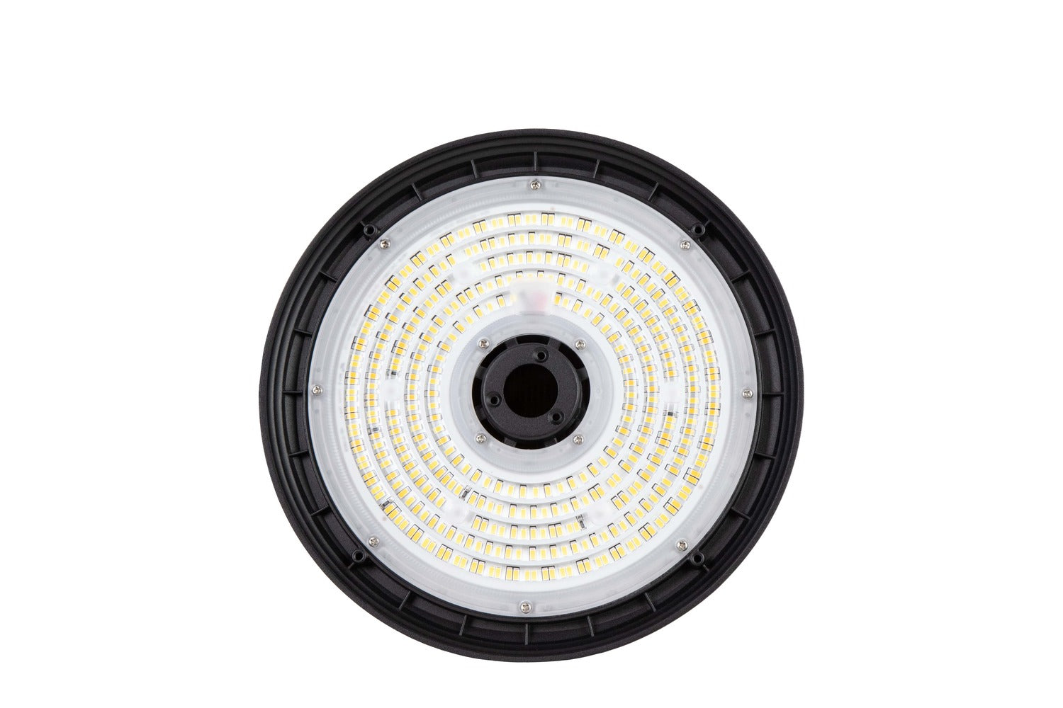 Bottom detailed view of the NCLTG Halo X Series LED UFO High Bay Light showcasing the precision-engineered lens for uniform, high-output illumination