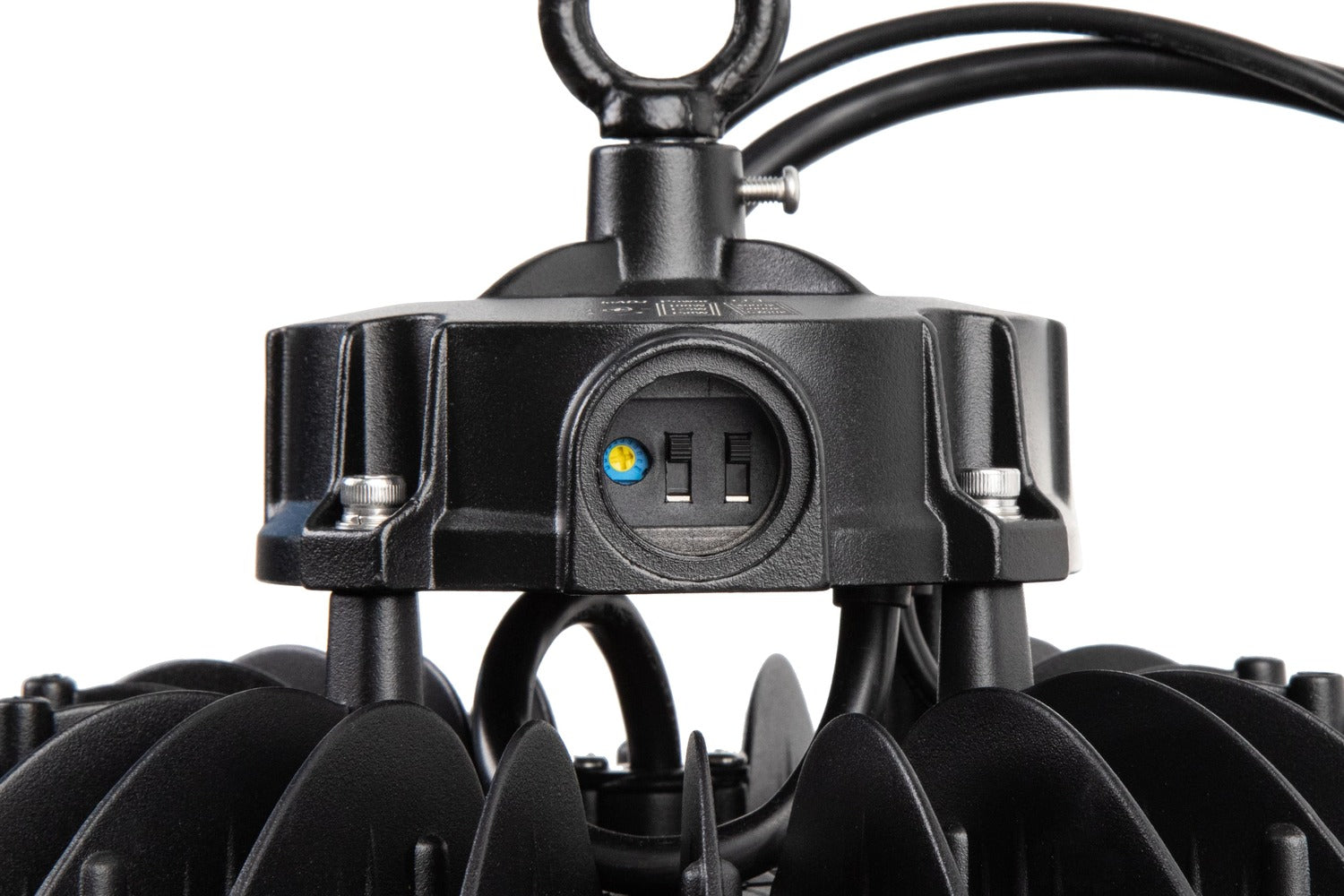 Detailed view of the NCLTG Halo X Series LED UFO High Bay Light showing wattage and CCT selectable DIP switches for customizable lighting settings