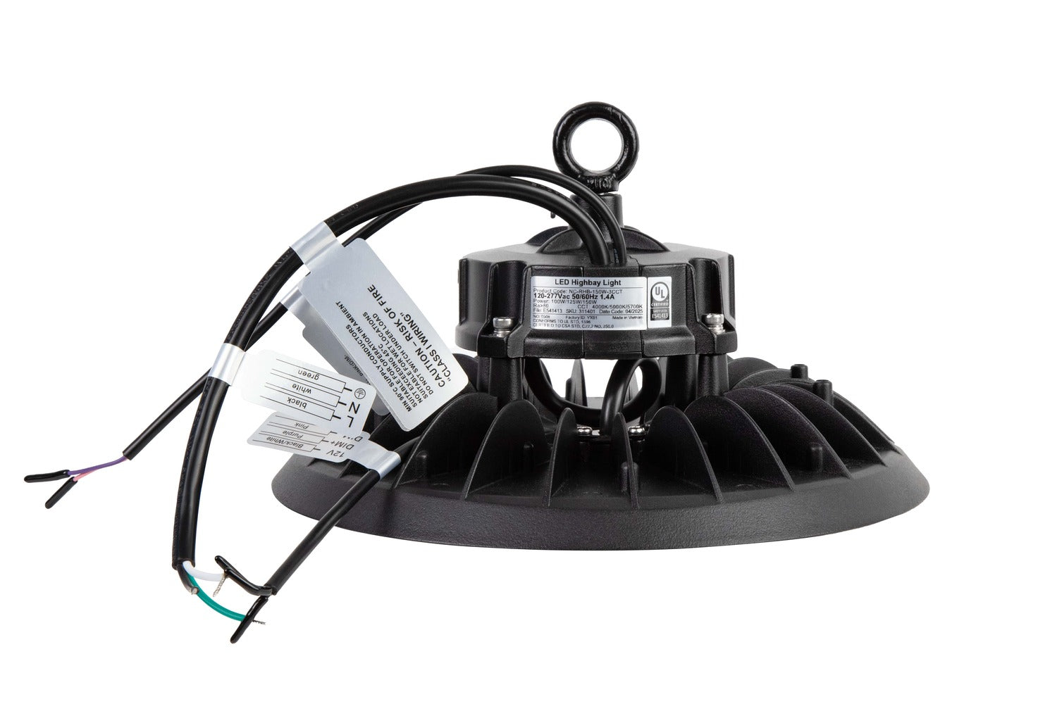 Side view of the NCLTG Halo X Series LED UFO High Bay Light highlighting its low-profile design and durable die-cast aluminum housing