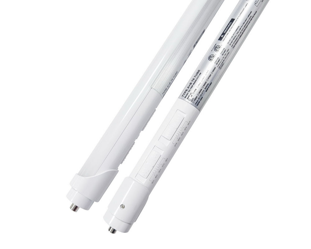 NCLTG Linear5 Series 8-Foot T8 LED Tube shown in a detailed front and back view highlighting the wattage and CCT selectable switches, visible certification labels, and robust construction for versatile commercial lighting use