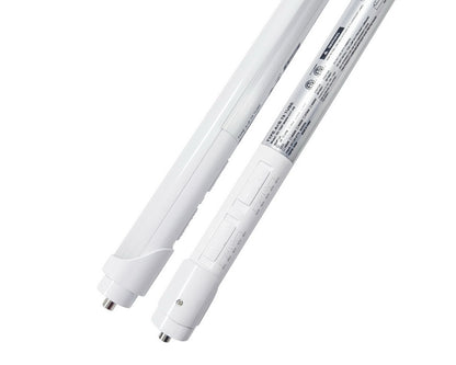 NCLTG Linear5 Series 8-Foot T8 LED Tube shown in a detailed front and back view highlighting the wattage and CCT selectable switches, visible certification labels, and robust construction for versatile commercial lighting use