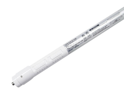 Detailed view of the NCLTG Linear5 Series 8-Foot T8 LED Tube highlighting the wattage and CCT selectable switches along with model identification and certification labels for compliance