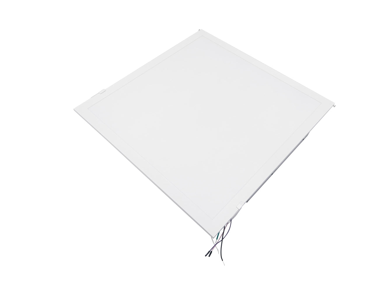 Front view of the NCLTG LumaFit Series 2x2 LED Panel Light Retrofit Kit with electrical wires extending from the fixture