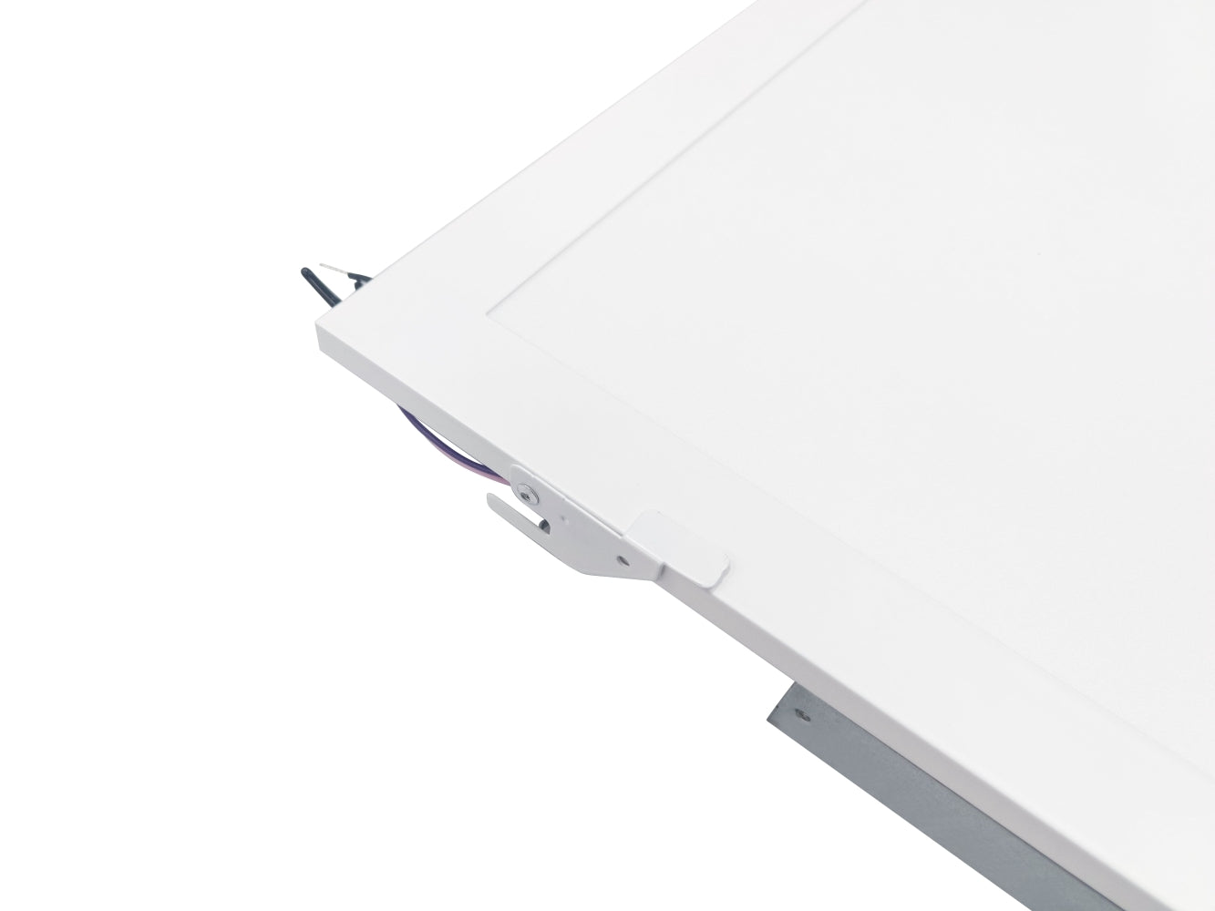 Alternate corner view of the NCLTG LumaFit Series LED Panel Light Retrofit Kit highlighting the grid clip attachment