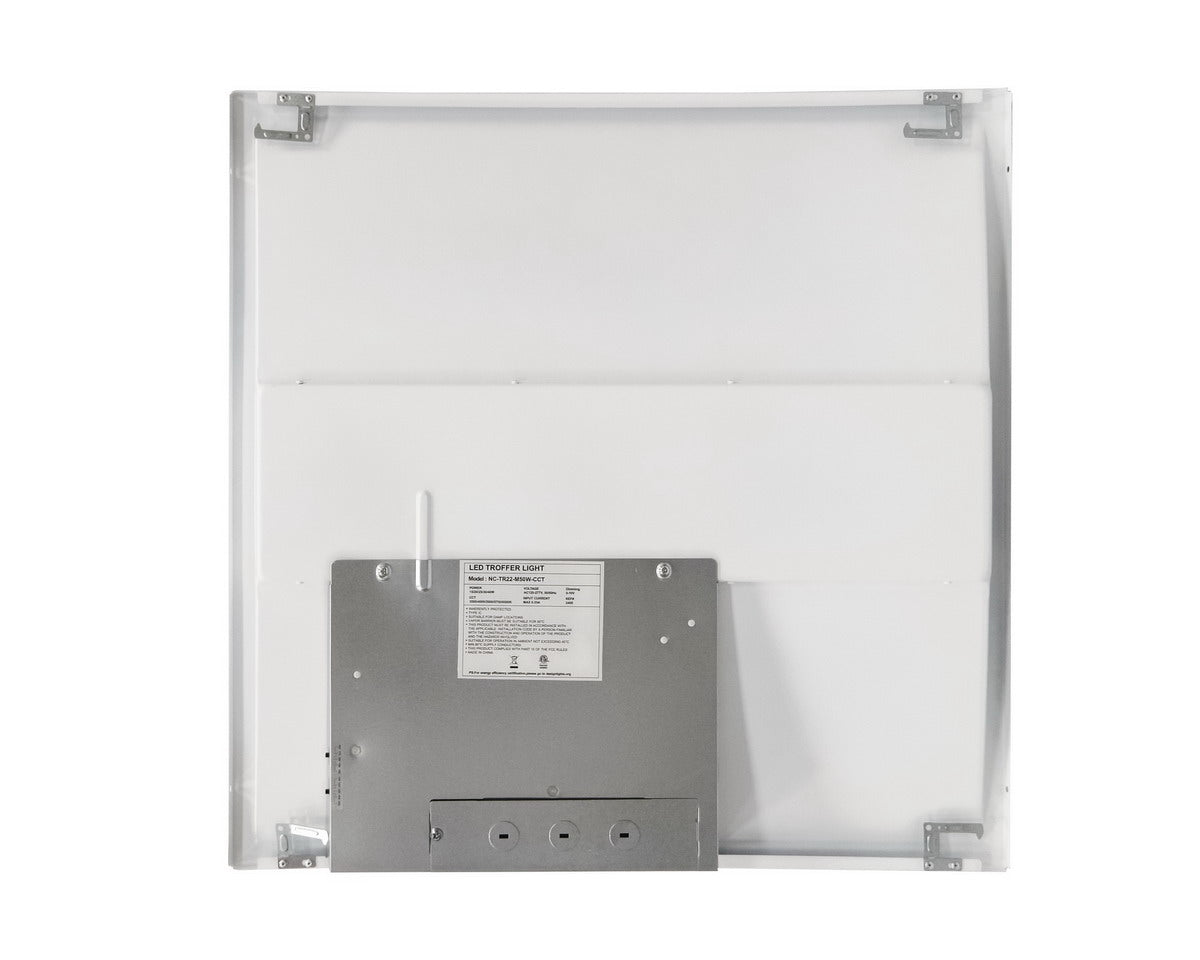 Back view of NCLTG PrismLay Series 2x2 LED Troffer Light highlighting durable housing, mounting design, and field-selectable driver access