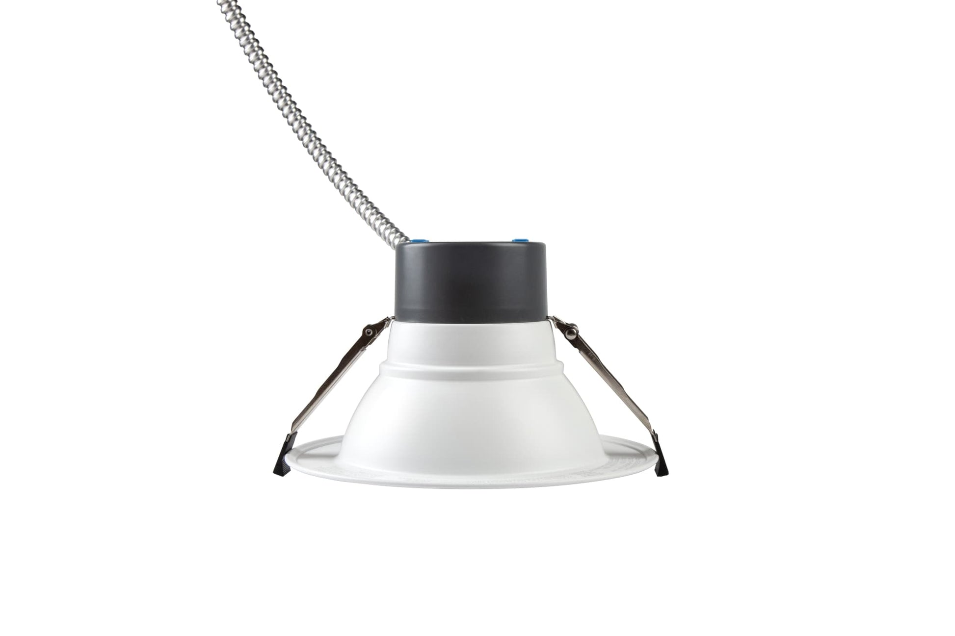 NCLTG RecessEdge Series 4-inch LED commercial downlight side view showing mounting clips and MC cable flexed upward for installation positioning