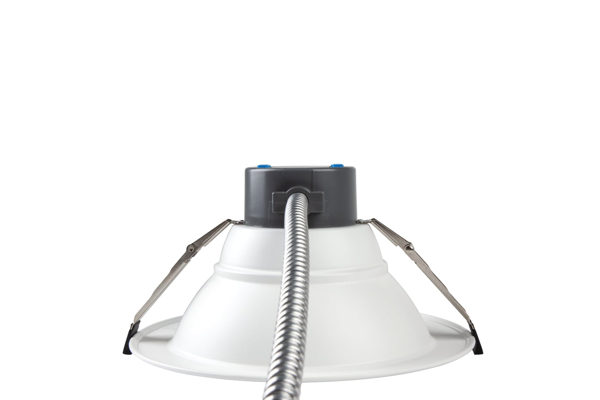 NCLTG RecessEdge Series 4-inch LED commercial downlight side view showing mounting clips and attached MC cable for easy installation
