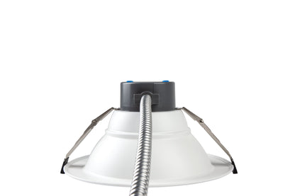 NCLTG RecessEdge Series 4-inch LED commercial downlight side view showing mounting clips and attached MC cable for easy installation