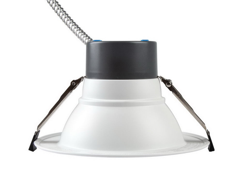 NCLTG RecessEdge Series 6-inch LED commercial downlight side view showing mounting clips and MC cable flexing upward for easy ceiling installation