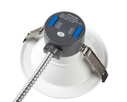 NCLTG RecessEdge Series 6-inch LED commercial downlight top view showing mounting clips, MC cable, and wattage/CCT selectable slide switches for customizable settings