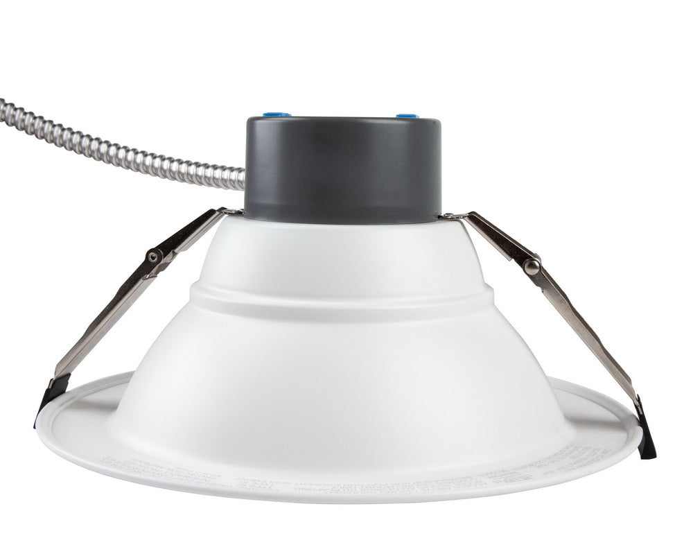 NCLTG RecessEdge Series 8-inch LED commercial downlight side view showing installation clips and MC cable for secure and efficient mounting