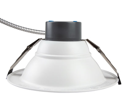NCLTG RecessEdge Series 8-inch LED commercial downlight side view showing installation clips and MC cable for secure and efficient mounting