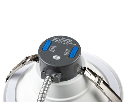 NCLTG RecessEdge Series 8-inch LED commercial downlight top detailed view showing wattage and CCT selectable slide switches for on-site customization