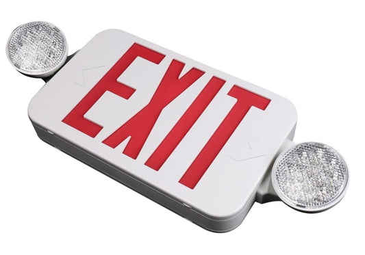 NCLTG Sentinel Series LED Dual Color Exit Emergency Combo Light featuring selectable red or green EXIT letters with dual adjustable emergency heads