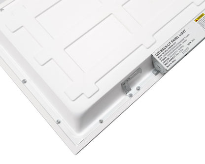 Back corner view of NCLTG SkyLine Series 1x4 LED Panel Light showing grid clips and integrated driver for secure installation and easy wiring access