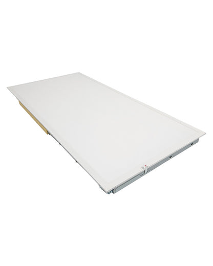 Front angled view of NCLTG SkyLine Series 2x4 LED Panel Light with emergency backup, showing the integrated emergency test switch for easy system testing