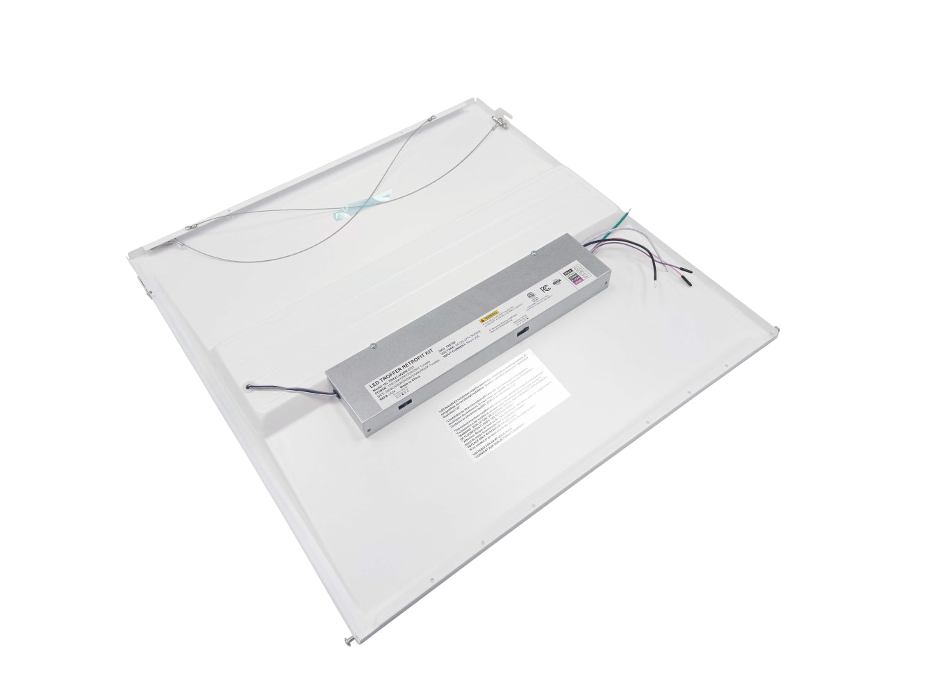Back view of the NCLTG SnapFit Series 2x2 LED Troffer Light Retrofit Kit showing mounting frame and wiring