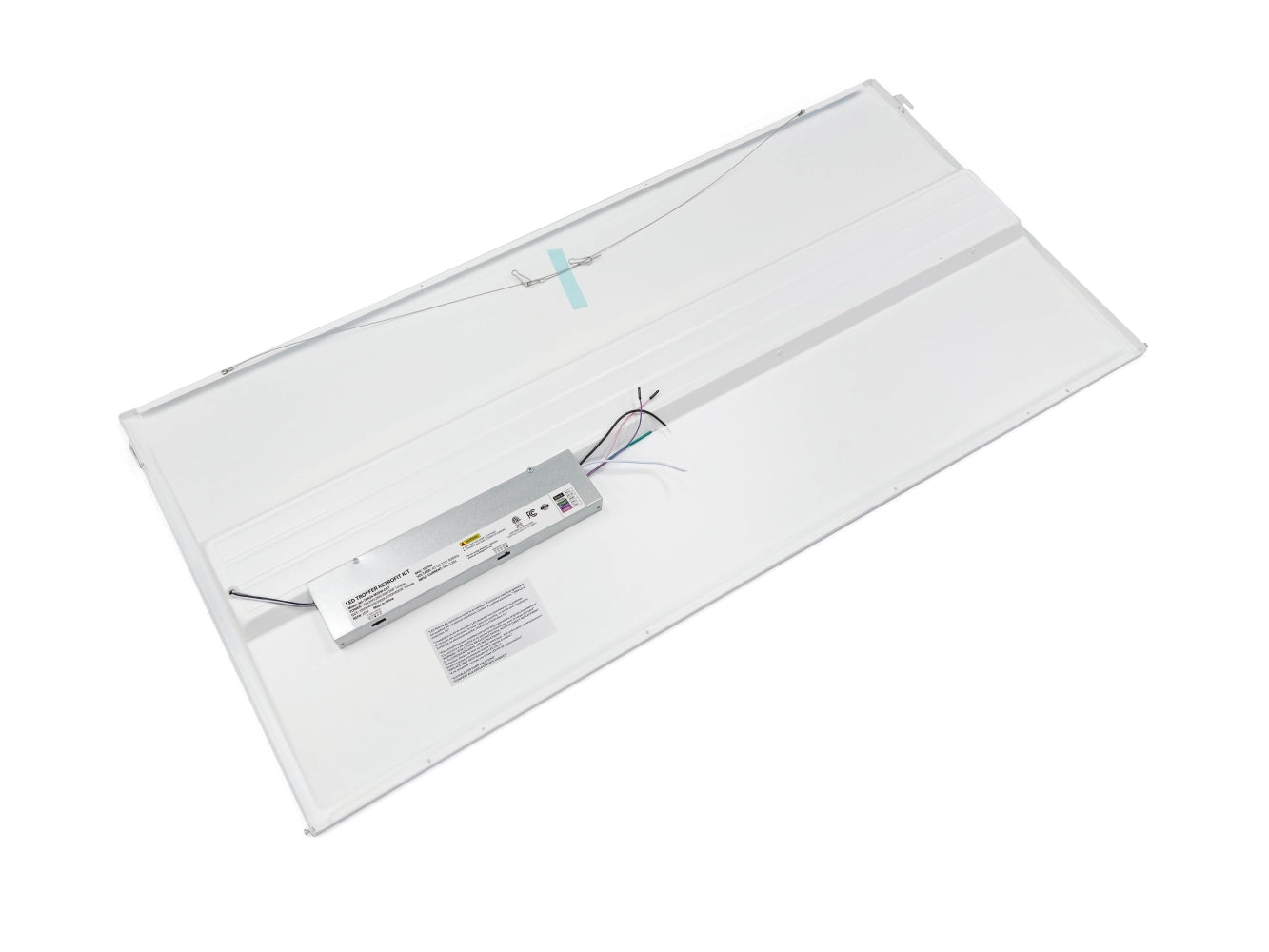 Back view of the NCLTG SnapFit Series 2x4 LED Troffer Light Retrofit Kit showing mounting frame and wiring