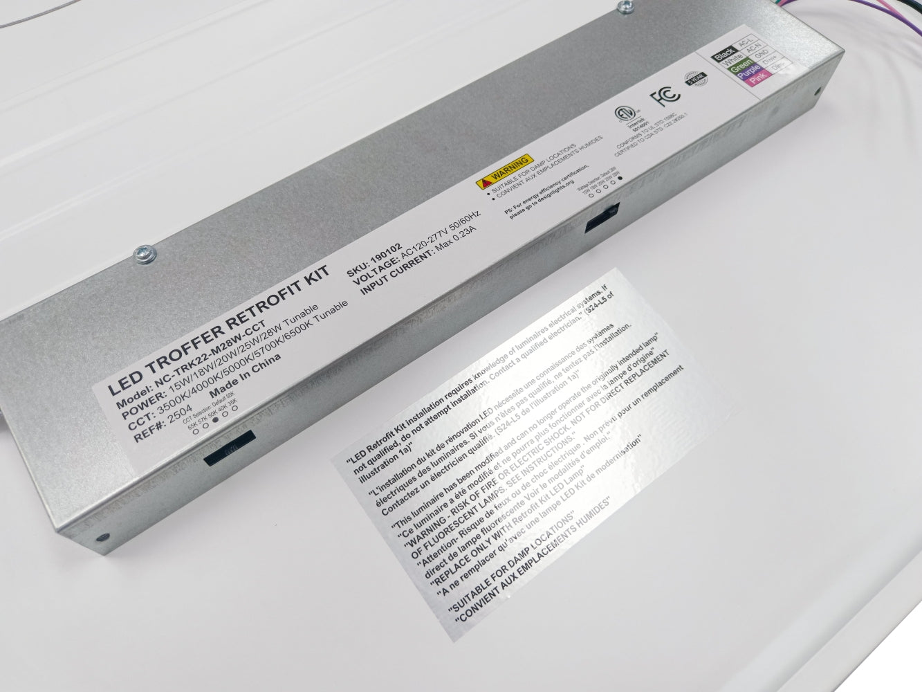 Close-up of the driver in the NCLTG SnapFit Series LED Troffer Light Retrofit Kit showing certification labels