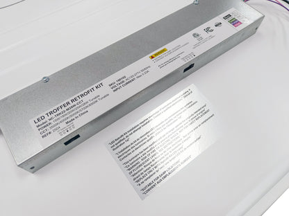 Close-up of the driver in the NCLTG SnapFit Series LED Troffer Light Retrofit Kit showing certification labels