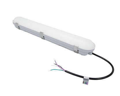 Front angled view of NCLTG StormGuard Series 2-Foot LED Vapor Tight Light with attached whip for secure connection