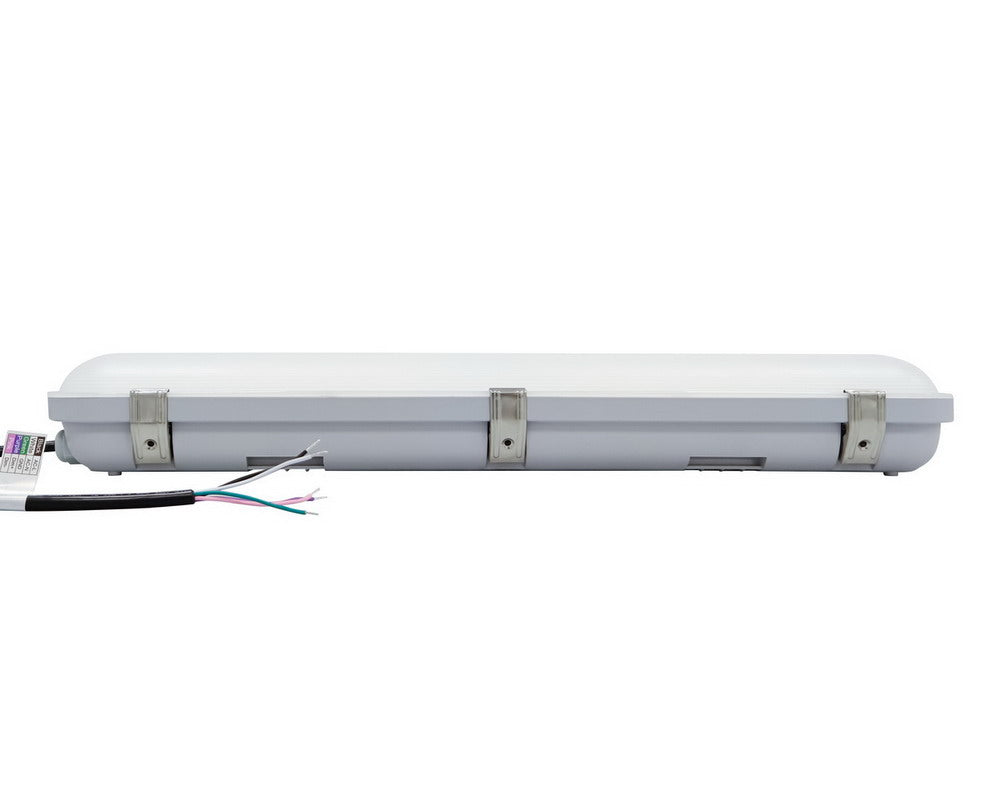 Side view of NCLTG StormGuard Series 2-Foot LED Vapor Tight Light showing attached whip for easy installation