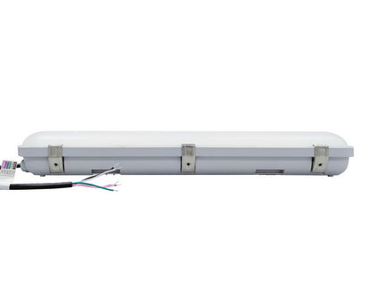 Side view of NCLTG StormGuard Series 2-Foot LED Vapor Tight Light showing attached whip for easy installation