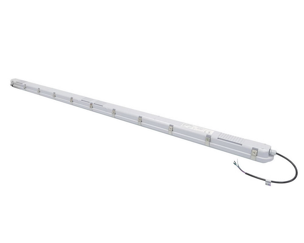 Back angled view of the NCLTG StormGuard Series 8-Foot LED Vapor Tight Light highlighting stainless steel lens clips, multiple knockouts, and attached power cable