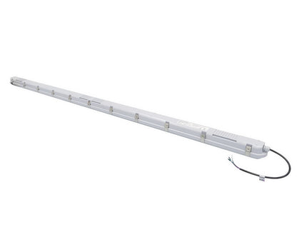 Back angled view of the NCLTG StormGuard Series 8-Foot LED Vapor Tight Light highlighting stainless steel lens clips, multiple knockouts, and attached power cable