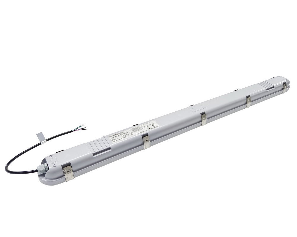 Back view of the NCLTG StormGuard Series 8-Foot LED Vapor Tight Light displaying the product label with part number, certifications, stainless steel lens clips, and power cable