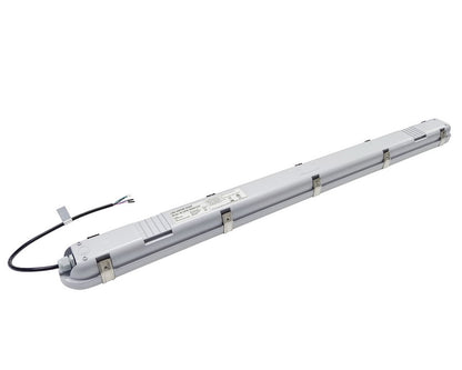 Back view of the NCLTG StormGuard Series 8-Foot LED Vapor Tight Light displaying the product label with part number, certifications, stainless steel lens clips, and power cable