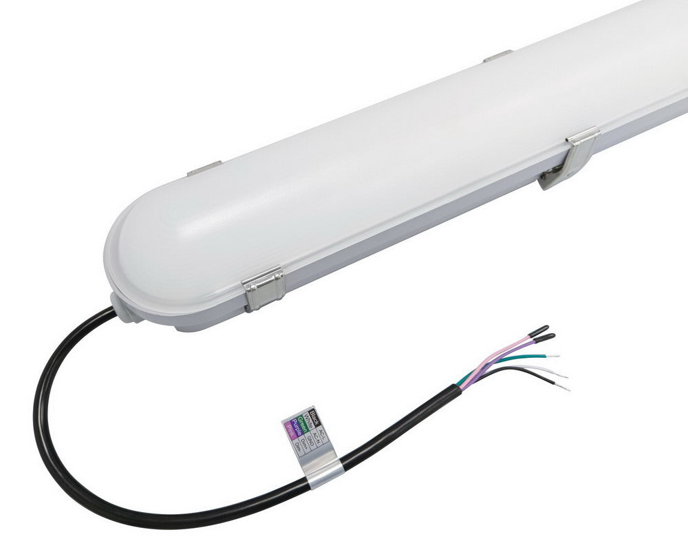 Detailed end view of the NCLTG StormGuard Series 8-Foot LED Vapor Tight Light highlighting the lens design and power cable connection