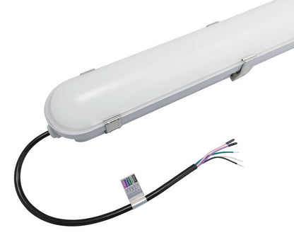 Detailed end view of the NCLTG StormGuard Series 8-Foot LED Vapor Tight Light highlighting the lens design and power cable connection