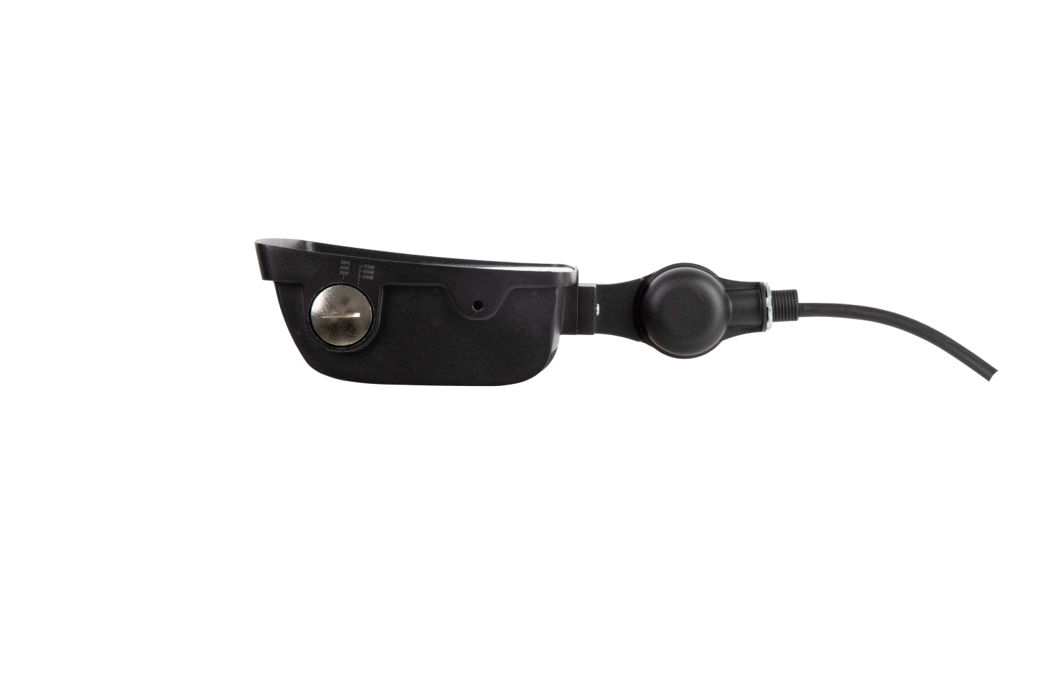 Left side view of the NCLTG TitanBeam Series flood light showing the attached power cord for easy installation
