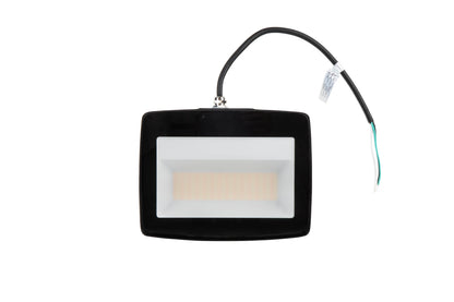 Upside-down view of the NCLTG TitanBeam Series flood light highlighting the lens and attached power cord