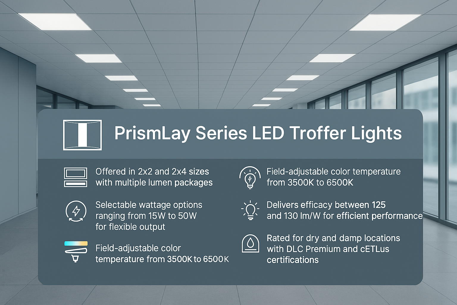 Banner infographic for PrismLay Series LED Troffer Lights featuring 2x2 and 2x4 sizes with multiple lumen packages, selectable wattage (15–50W), and field-adjustable CCT (3500K–6500K). Highlights 125–130 lm/W efficacy, on-site tuning with Power Select + CCT Select, and dry/damp ratings with DLC Premium and cETLus certifications—suited for offices, schools, and healthcare ceilings.