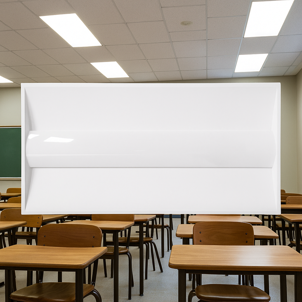 PrismLay Series LED Troffer Light shown against classroom background.