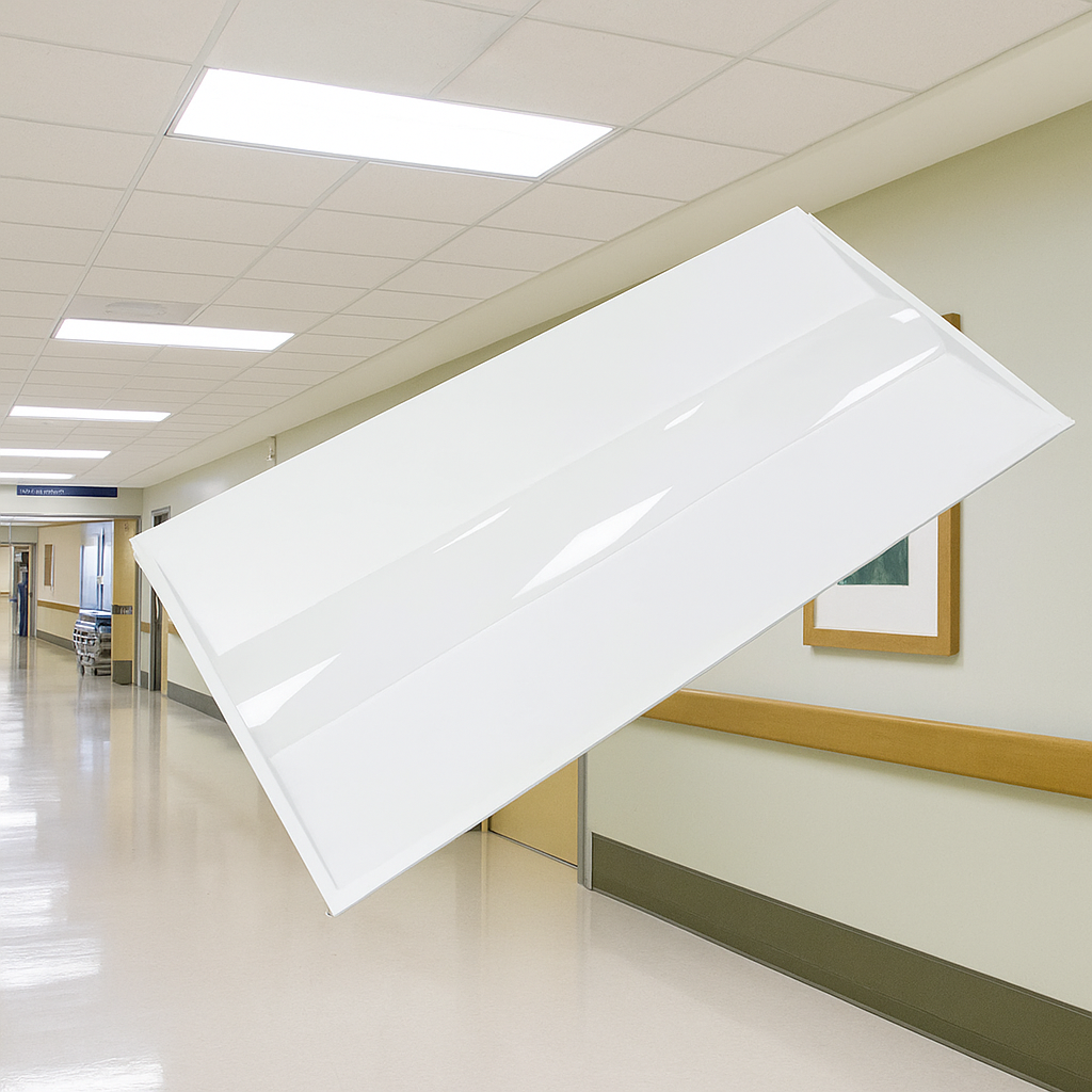 PrismLay Series LED Troffer Lights shown against healthcare hallway.