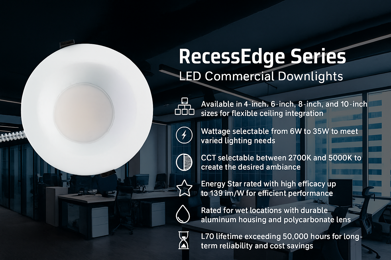 Banner infographic for RecessEdge Series LED Commercial Downlights showing size options (4", 6", 8", 10"), selectable wattage (6–35W), and adjustable CCT (2700K–5000K). Highlights Energy Star rating, high efficacy up to 139 lm/W, wet-location durability with aluminum housing and polycarbonate lens, and long-life L70 >50,000 hours—ideal for offices, retail, and hospitality ceilings.