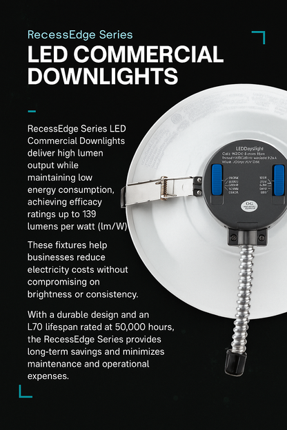 Infographic highlighting NCLTG RecessEdge Series LED commercial downlights with high lumen output, low energy use up to 139 lm/W efficacy, and long-life L70 50,000 hours for reduced maintenance and cost savings.