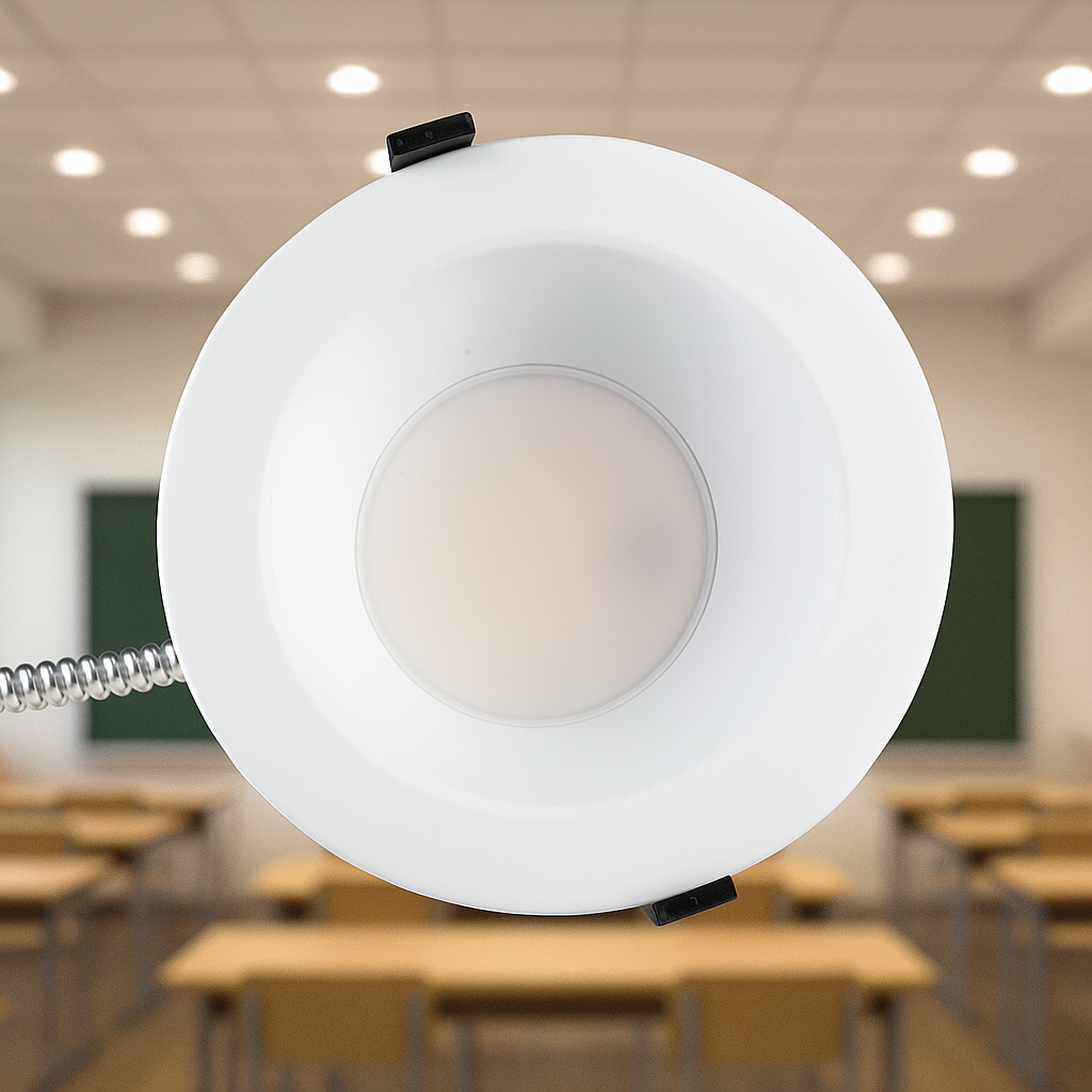 RecessEdge Series LED Commercial Downlight shown against classroom background.