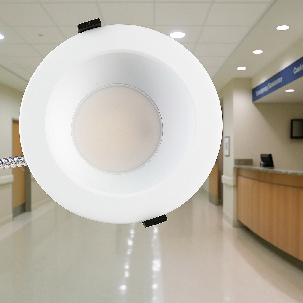 RecessEdge Series LED Commercial Downlights shown against a hospital hallway background.