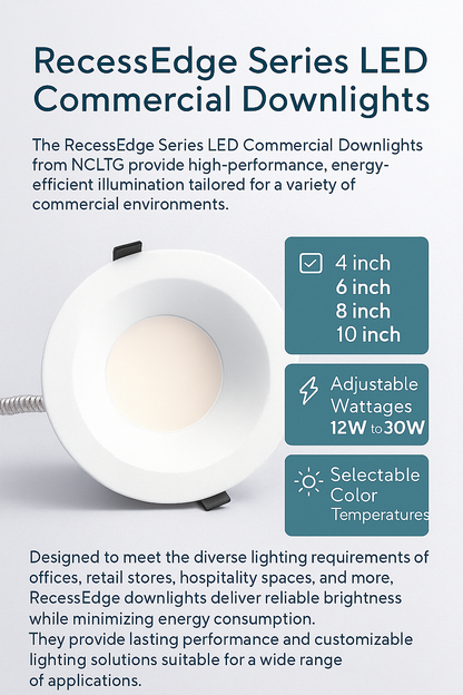 Infographic highlighting NCLTG RecessEdge Series LED commercial downlights available in 4-inch, 6-inch, 8-inch, and 10-inch sizes with adjustable wattages, selectable color temperatures, and energy-efficient performance for offices, retail, hospitality, and other commercial spaces.