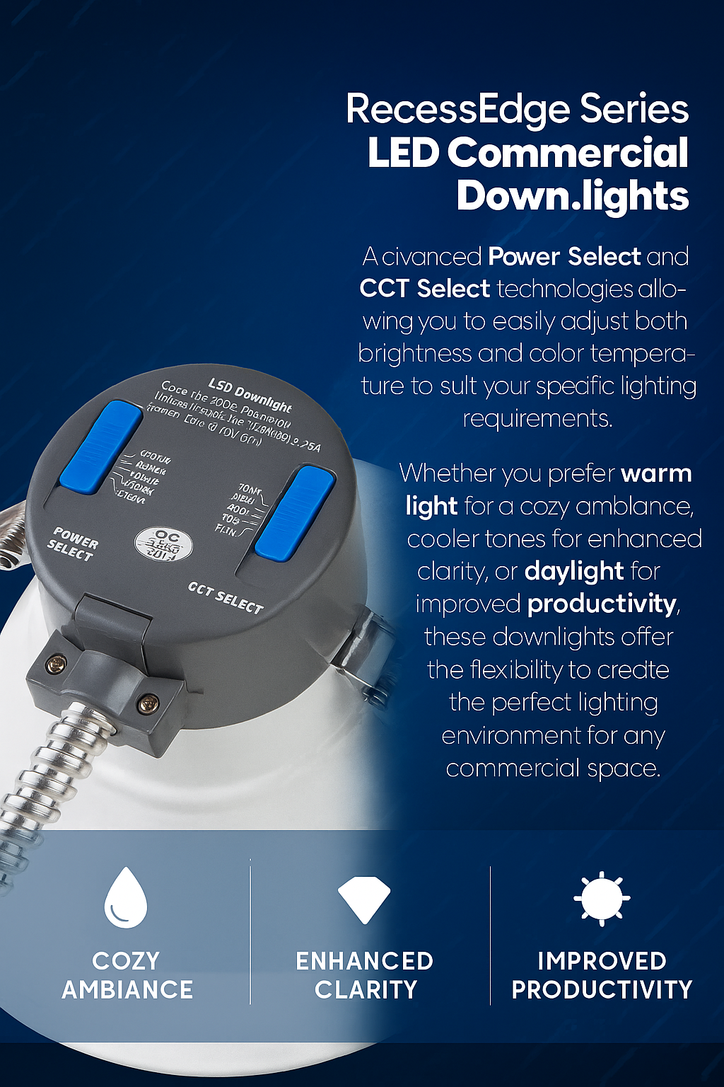 Infographic showing NCLTG RecessEdge Series LED commercial downlights with Power Select and CCT Select for adjustable brightness and color temperature, enabling warm or cool lighting tailored to any commercial space.