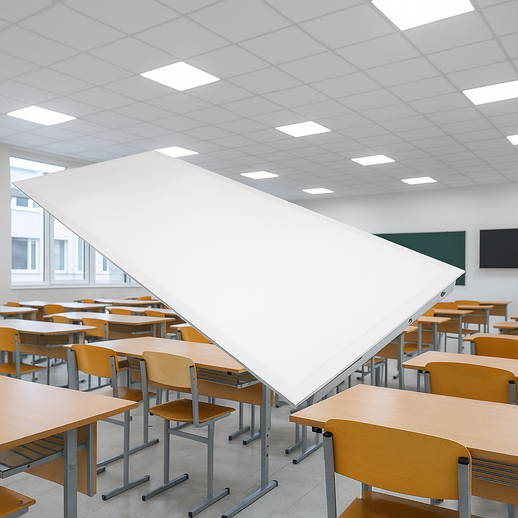 SkyLine Series LED Panel Light shown against classroom background.
