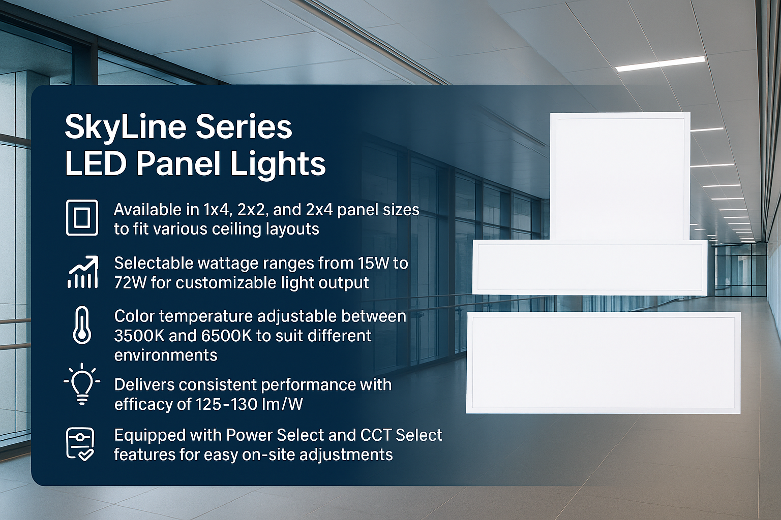 Banner infographic for SkyLine Series LED Panel Lights showing size options (1x4, 2x2, 2x4), selectable wattage (15–72W) and adjustable CCT (3500K–6500K). Highlights consistent efficacy (125–130 lm/W), on-site Power Select + CCT Select adjustments, and ratings for dry/damp locations with DLC Premium and cETLus certifications—positioned as a versatile, energy-efficient ceiling panel solution.
