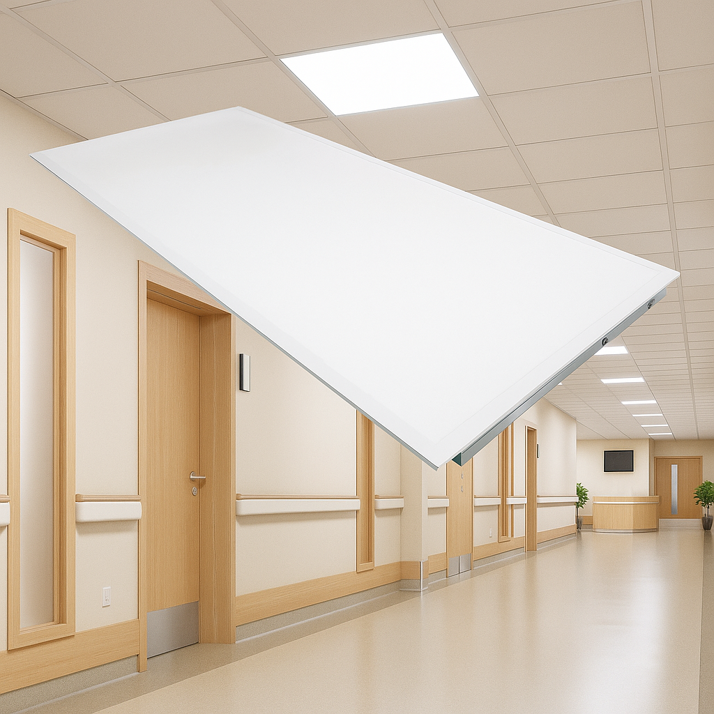 Skyline Series LED Panel Lights shown against hospital corridor setting.
