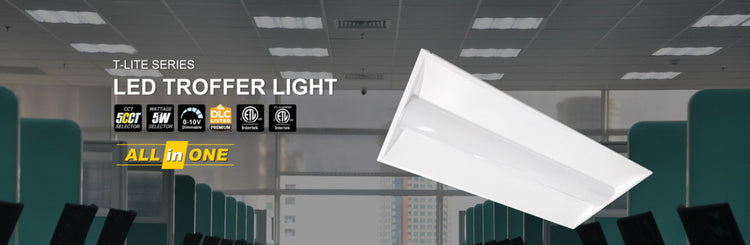 T-Lite Series LED Troffer Light displayed with product badges overlaid on an office background, showcasing its energy-efficient performance and sleek design.