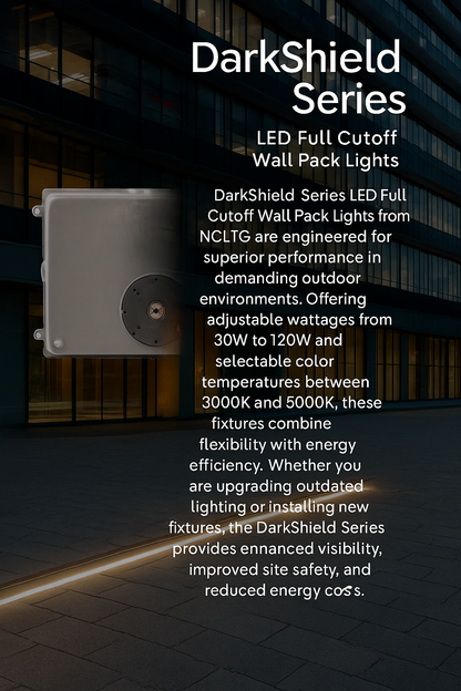 Infographic explaining why to choose the DarkShield Series LED Full Cutoff Wall Pack Lights by NCLTG: fixtures engineered for superior performance in demanding outdoor environments; selectable wattage options from 30W to 120W to customize light output; adjustable color temperatures between 3000K and 5000K for tailored ambiance and visibility; energy-efficient LED technology that reduces operating costs while maintaining bright output; uniform, and glare-free illumination that improves safety and security.